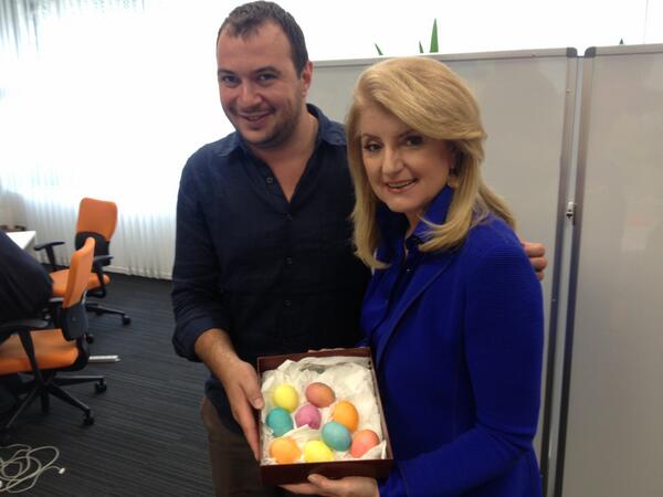 ariannahuff's tweet photo. A Greek and a Bulgarian (our great tech guy @recklessnomad) celebrating Easter together in Tokyo http://t.co/98pWuB5TFc