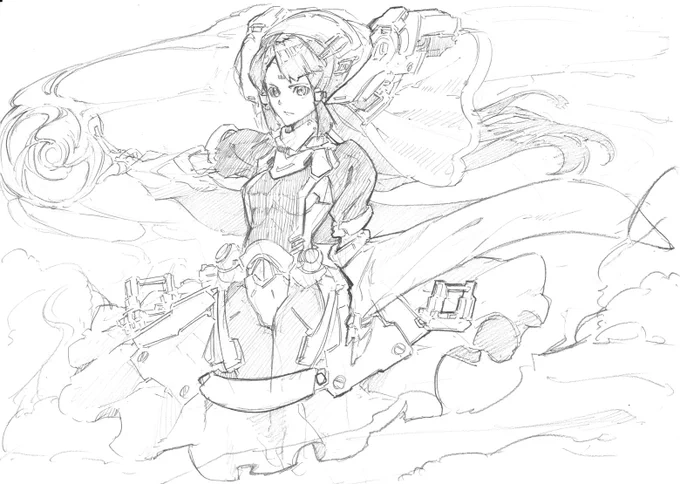 頭からっぽにしてラクガキ。ほとんど手癖で15分A4。エフェクトとかを線で描けるようになりたい。 