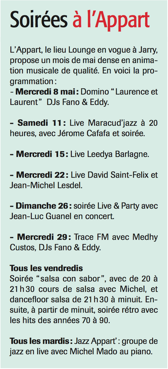 NS_Lhebdo's tweet photo. #Actu #lAppart, le lieu de Lounge en vogue à #jarry propose un mois de mai dense en animation musicale http://t.co/OpgbzhinLa