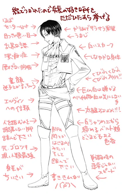 線は描けたけど色塗る時間はなかったので兵長の好きなところをただ計算もせずに書き連ねた。 