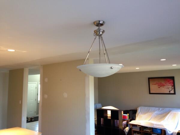 millarconstruct's tweet image. Cut a strip in the flat ceiling to add retro pot lights in living room and kitchen with new LED lamps.