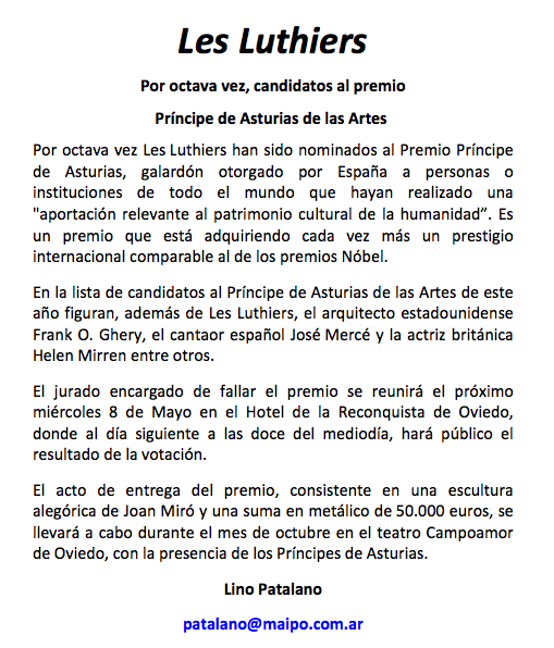Octava nominación al Premio Príncipe de Asturias de Las Artes.