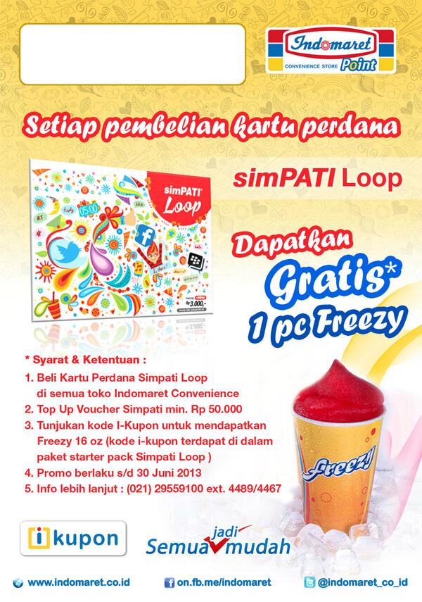 Indomaret's tweet image. Beli kartu perdana #simPATILoop @simPATI di @indomaret_co_id Point Convenience gratis 1 pc FREEZY ---&amp;gt;