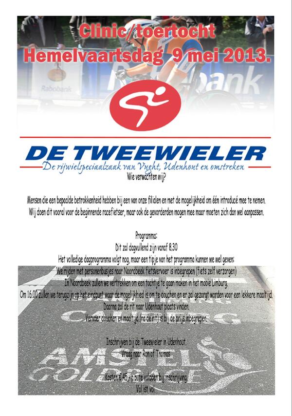 meld je nu nog snel aan voor de clinic hemelvaartsdag 9 mei meld je in de winkel in udenhout aan.