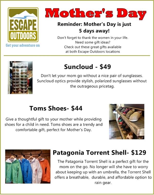 _EscapeOutdoors's tweet photo. Don't let it sneak up on you. Mother's Day is 5 days away. http://t.co/tyd9iqCgSs