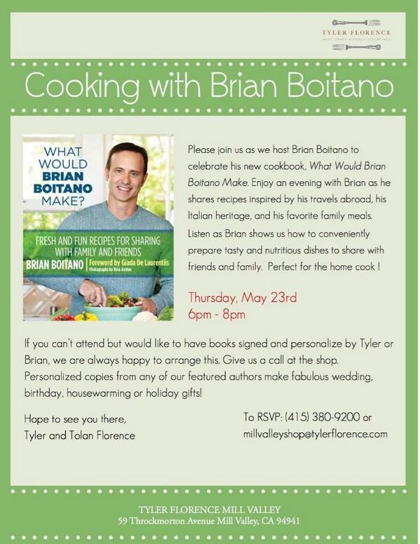 TyFlorenceShop's tweet photo. What would @BrianBoitano make?
Come celebrate his fabulous new cookbook 5/23 at the shop! 
cc: @TylerFlorence http://t.co/5Ogik1KYKp