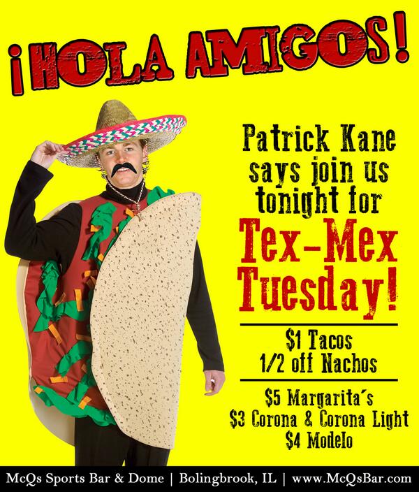 McWethysBar's tweet image. Check out Patrick Kane's new uniform for tonight's game vs. the Wild #Blackhawks #Bolingbrook #TexMexTuesday