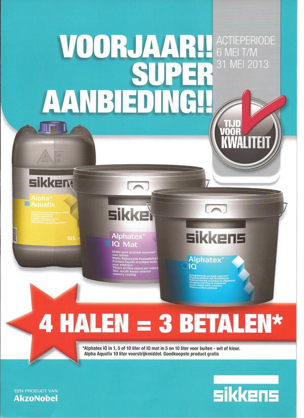 PostmaVerf's tweet image. #SIKKENS VOORJAAR ACTIE
4  = 3 op alle Sikkens Alpaha Aquafix, Alphatex IQ en Alphatex IQ Mat. blikopverf.nl/acties/sikkens…