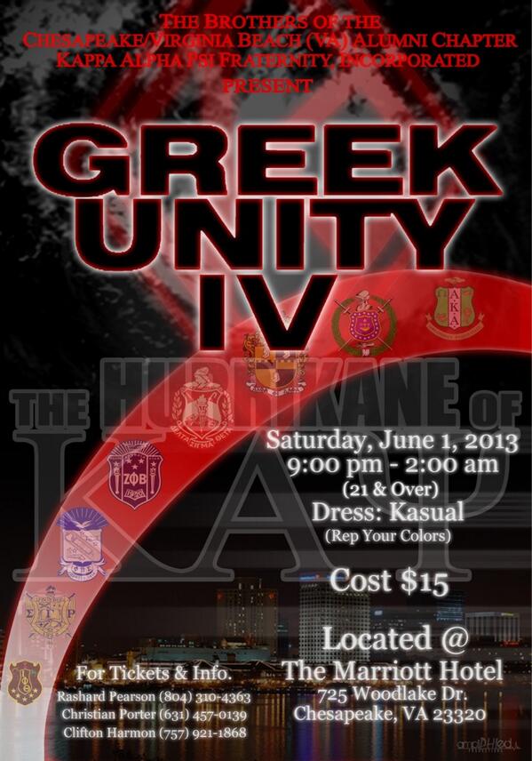 Greek Unity IV will be June 1st 9AM to 1AM at The Marriott in Chesapeake. Tickets are $15. Another EPIC event!