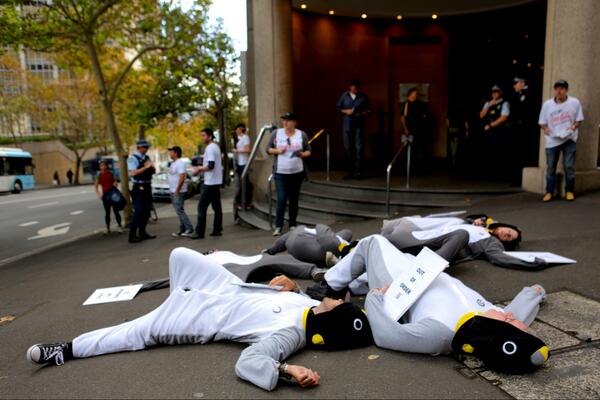 IannRose's tweet image. A OOO penguin die-in greets #Coke shareholders at yesterday's AGM! #CokeFail  adding to 10% drop in coks share price