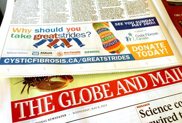 CFCanToronto's tweet image. MT @thekenchan: Nice! @GreatStridesCDN ad in today's @globeandmail:   @CFCanada #cysticfibrosis #CFMonth