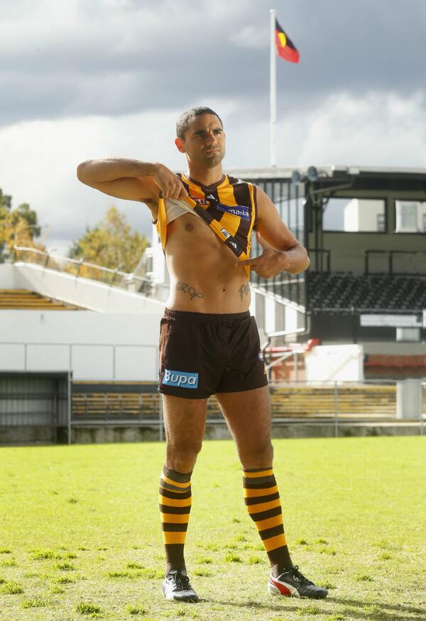 <a href="/ShaunBurgoyne9/">Shaun Burgoyne</a> lifting his jumper for Indigenous Rd Campaign which is celebrating Nicky Winmar's 20 year anniversary