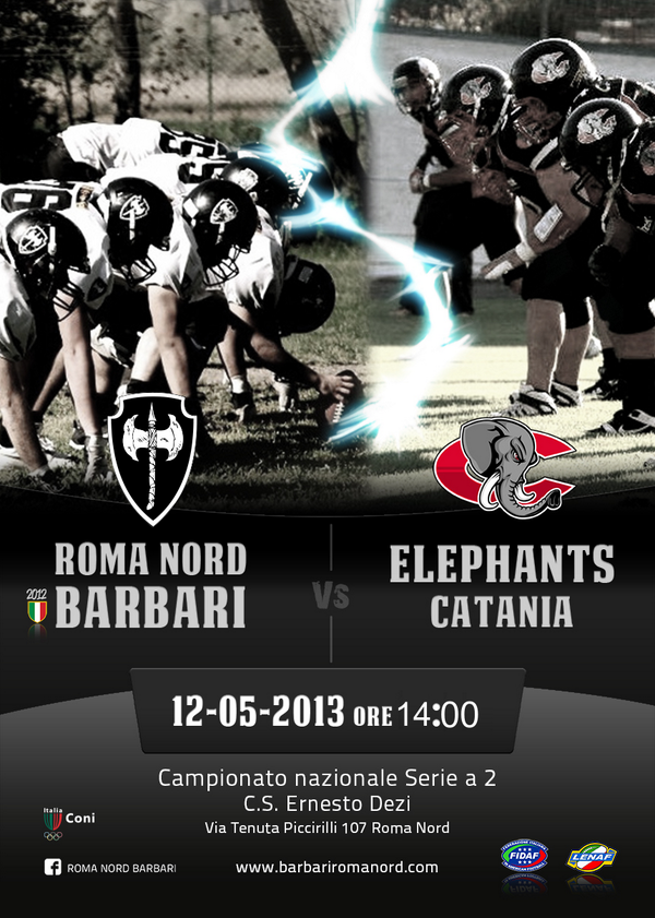Domenica 12 Aprile ore 14 Barbari Roma Nord vs Elephants Catania.