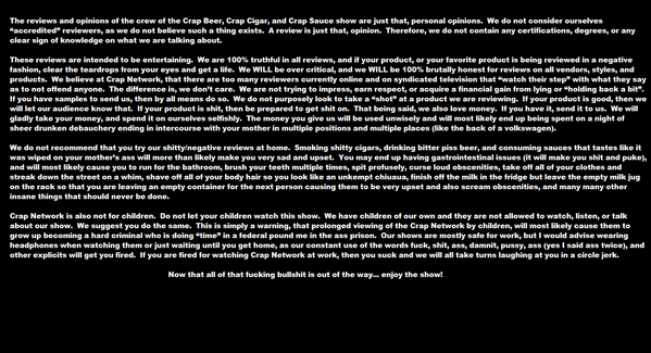 long_ashes's tweet image. Ever wonder what the disclaimer says at the beginning of our show?  Oh well, here it is anyways. #crapnetwork