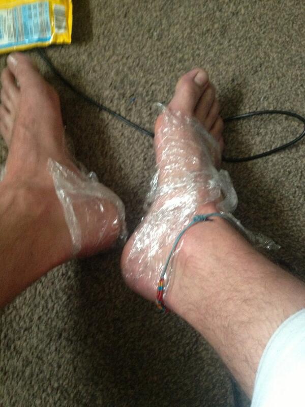 timofeebailey's tweet image. Cling filmed my feet. Supposed to help. #exerciseproblems