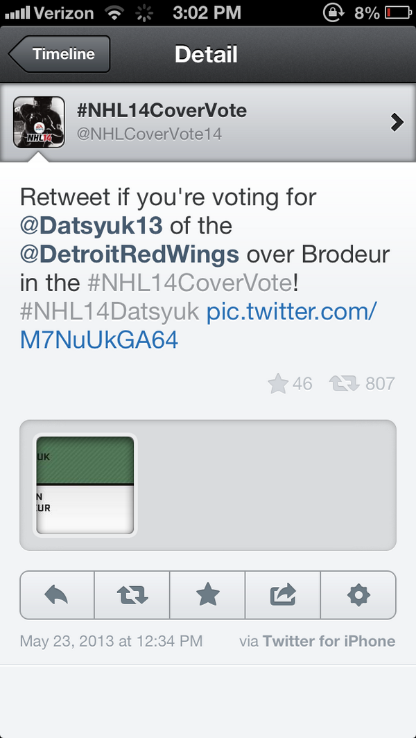 DatsyukForCover's tweet image. I don't understand how datsyuk is losing! Look at how many RT's!!! 
&amp;amp; brodeur's is only at around 80! @NHLCoverVote14