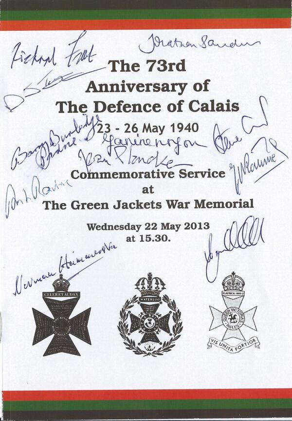 #Calais1940 Green Jackets Memorial at the ceremony - lunch menu signed by an amazing assortment of men, & a lady