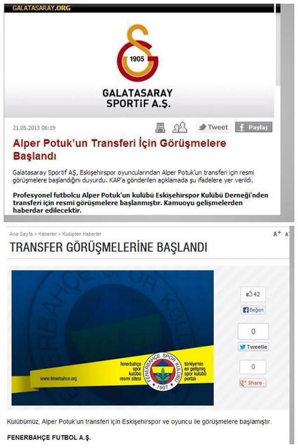 Alper Potuk Transferi Konusunda Önce Galatasaray açıklama yaptı ardında Feberbahçe KAP'ak yaptı...