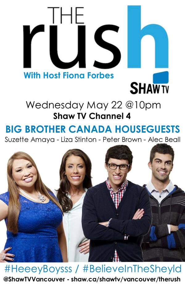 SuzetteAmaya's tweet photo. TOMORROW @TheRushTV @FionaForbes #BBCAN @SuzetteAmaya @BBC_LIZA @alsopeterbrown @AlecBeall On ShawTV CH. 4 At 10pm http://t.co/81TKdFT6tx