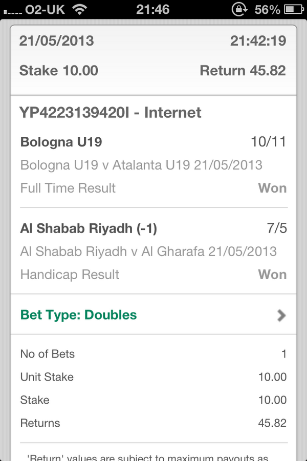 BetThatBet's tweet photo. 3/1 Double WINS! £10 returned £40 #Winning #BetThat http://t.co/2CMNPVr8H2