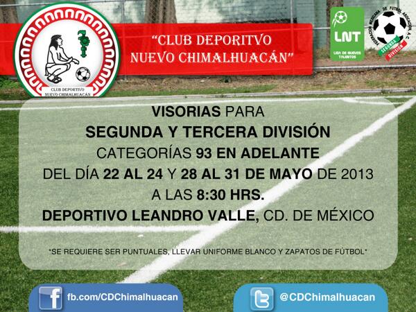 CDChimalhuacan's tweet photo. Mañana continuan las visorias para @segundadivfmf y @3aDivision @Terceramex. en el Deportivo Leandro Valle 8:30 hrs http://t.co/hfKn3paJwW