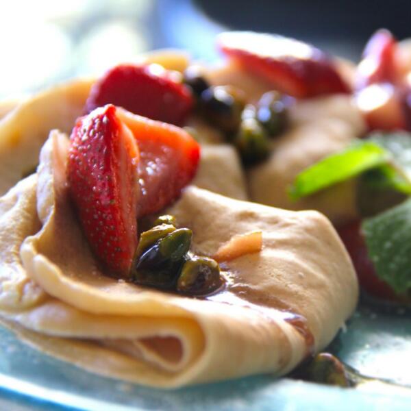 Cashew Cream Filled Halva Blintzes Topped With A Strawberry-Pistachio Caramel Sauce (!!) #veganrecipes #Vegan
