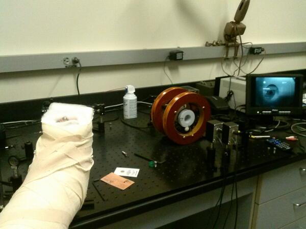 htchilton's tweet image. A broken foot does not stop physics!!! Muahaha #CrazyScientist #LaserPhysics