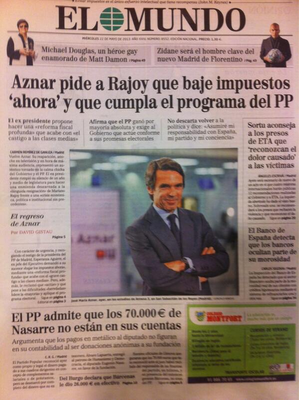 susannagriso's tweet photo. ¡Buenas!  Aznar ha vuelto. ¿Para quedarse? Hoy en @EspejoPublico: la entrevista.  #AznarA3 @elmundoes http://t.co/nM8G3f5ufX