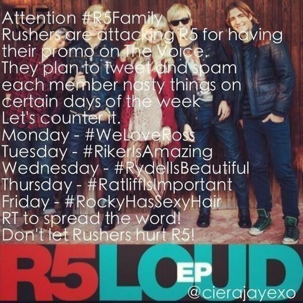 VioletCupcakeR5's tweet photo. A RT WILL SAVE R5 FOM RUSHER HATE! #R5Family RT RT RT @R5_Is_My_Life @FallinForR5 @R5_Family @Austin_Ally_97 http://t.co/arKU0ZWOVn