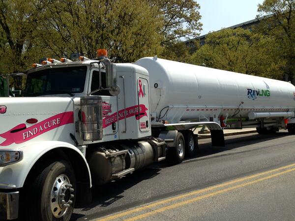 Rev LNG's ISO container hauled by Hoopes Turf Farm's breast cancer awareness truck. <a href="/Pa_Shale_Energy/">Pennsylvania Energy</a> <a href="/PrometheusLNG/">Prometheus Energy</a>