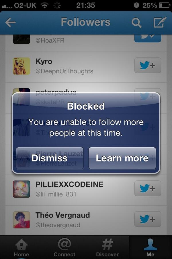 bbq_jayde's tweet photo. @twitter I get this message every time I try to follow someone http://t.co/iOlLWs54Yh