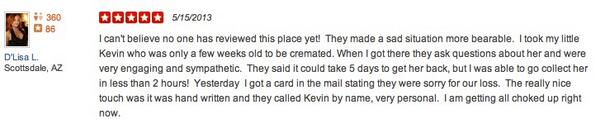 PALSINC's tweet image. Thank you for such a nice review D'Lisa! #pets #PALS #petcremation #Yelp