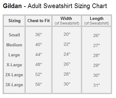 Gildan Zip Up Hoodie Size Chart