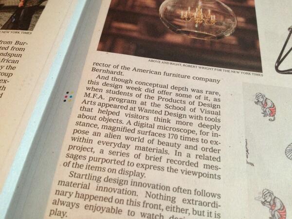 sinclairsmith's tweet photo. Dept chair Allan Chochinov with a photo of the nytimes giving props to my class's work: “@chochinov: Here’s a pic! http://t.co/yIBeqvk1AN”
