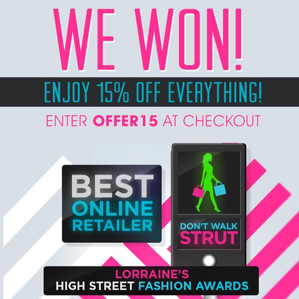 boohoo's tweet photo. THANK YOU // Best Online Retailer! To celebrate, enjoy 15% OFF EVERYTHING with code OFFER15 http://t.co/FGZZCfX6jW http://t.co/5mJntkWZqZ