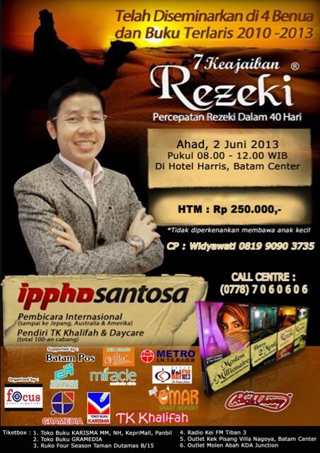 RT <a href="/SeminarBatam/">Info Seminar Batam</a>: BATAM! Seminar 7KeajaibanRezeki o/ Ippho Santosa, Ahad, 2Juni, 8AM-12PM. HTM 250RB