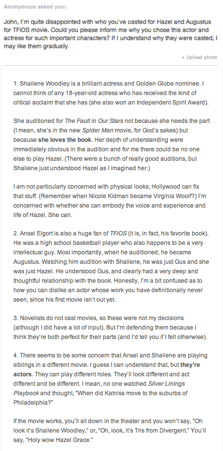 Trisbute's tweet image. @johngreen's response to an anon skeptical of the actors in TFIOS. He mentioned Katniss &amp;amp; Divergent too!