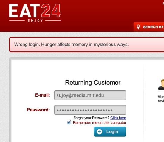 "Wrong login. Hunger affects memory in mysterious ways." #funny #ui