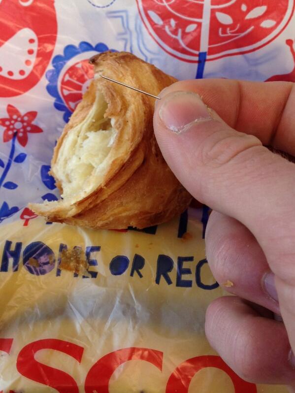 Hyperliquid_FI's tweet photo. @UKTesco  #everylittlehelps!!? Not of its a metal pin you find in your "fresh" croissant!! ALMOST SWLLOWED IT! http://t.co/H8Ue7fUd8K