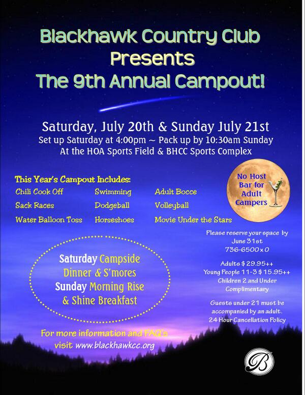 BlackhawkCClub's tweet photo. The 9th Annual Blackhawk Country Club Campout!  Reserve your space today, call 736-6500 x0 http://t.co/956AMrCXpv