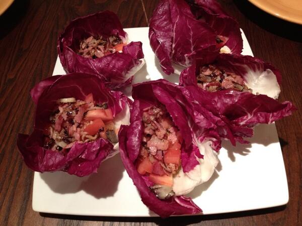 stephsdchi's tweet photo. Bacon radicchio cups and a bottle of wine! Excellent Sunday dinner at home! http://t.co/XtPaStPIMo