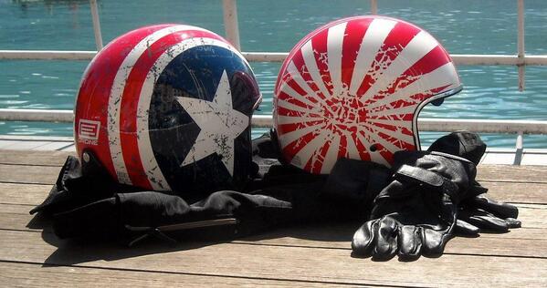 New photo by Giovanna Testa of "Japanese" and "Rebel Star" helmets on the lake!! #lake #helmet #vintage #origine #sun
