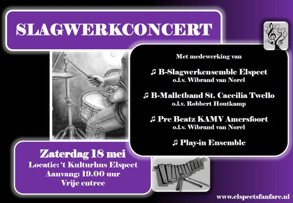 Zaterdag a.s. slagwerk PLAY-IN en CONCERT in het Kulturhus in Elspeet. Meer info op elspeetsfanfare.nl