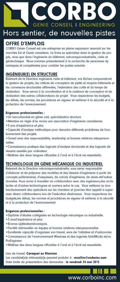 Offre d'emplois: Ingénieur(e) en structure et Technologue en génie mécanique ou industriel. Date Limite: 24 mai 2013.
