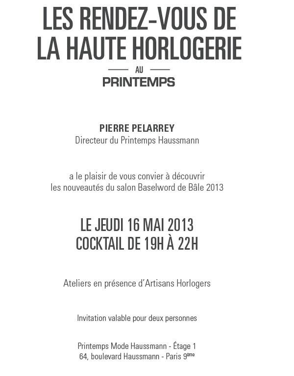 Nouveautés Baselword Bâle 2013 au Rendez-vous de la Haute Horlogerie au Printemps Haussmann jeudi 16/05