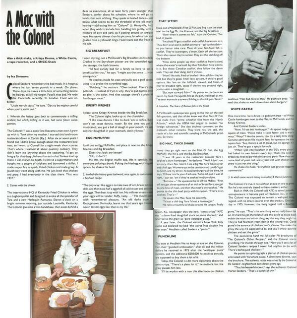 CookingIssues's tweet photo. Twitter compressed the last one strangely. Here again: full Colonel Sanders interview from the 1980 book "Junk Food." http://t.co/OEgZiJAkZu