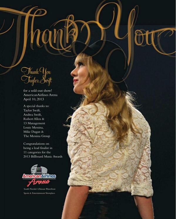 tayswiftdotcom's tweet photo. A thank you note from @AAarena to Taylor for her sold out show in Miami last month! #REDMiami #REDtour http://t.co/kQKErF7yi7