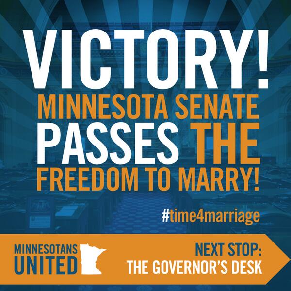 MN4allfamilies's tweet photo. BREAKING: By a vote of 37-30, the Senate has just PASSED the freedom to marry!!! #time4marriage #mnmarriage #mnleg http://t.co/GDjHSpxM8f