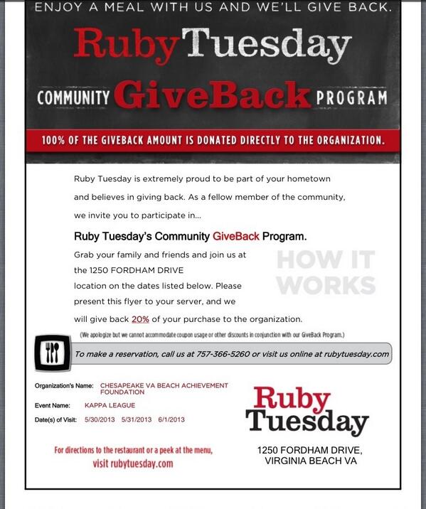 Help support our Kappa League by dinning at Ruby Tuesday on 5/30, 5/31, 6/1. The address is 1250 Fordham dr. Va bch