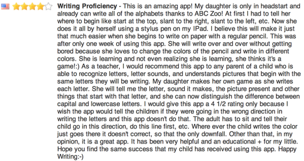 ABCZooApp's tweet photo. Such a beautiful review. We intended to make an app that parents and kids can enjoy together. It appears we did :) http://t.co/9Ukaoxb9nD